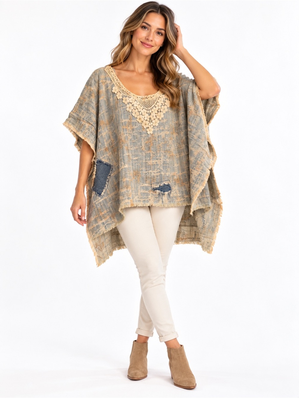 Jaded Gypsy Walk On By Poncho High Low Lace Patchwork Boho One Size - Picture 10 of 10